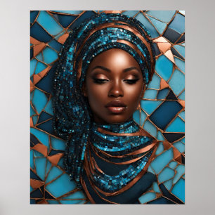 Poster Black Womens Blue Cuivre Mosaïque Visage mur Art