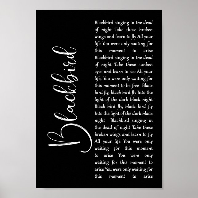 Poster Blackbird Black Script Chanson Lyric Wall Art Impr (Devant)
