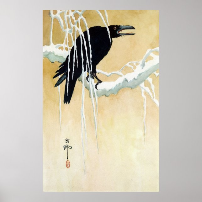 Poster Blackbird en neige, Ikeda Koson (Devant)