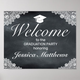 Poster Blackboard & White Lace Graduation Welcome Party