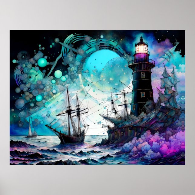 Poster Blacklight-Lighthouse et voilier mer tempête (Devant)