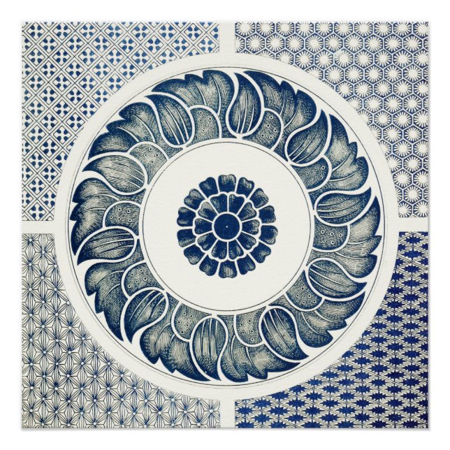 Poster Blanc bleu Floral chinois rond (Devant)