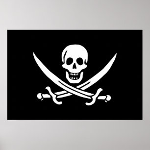 Poster Blanc, Drapeau Pirate Calico Jack, Crâne & Cutlass