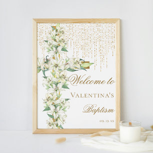 Poster Blanc Lily Floral Gold Cross Baptême Bienvenue