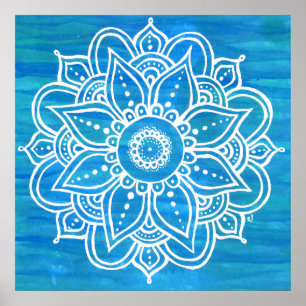 Poster Blanc Mandala Aquarelle Bleu Vert Vagues