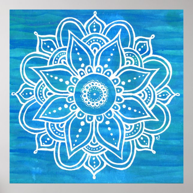 Poster Blanc Mandala Aquarelle Bleu Vert Vagues (Devant)