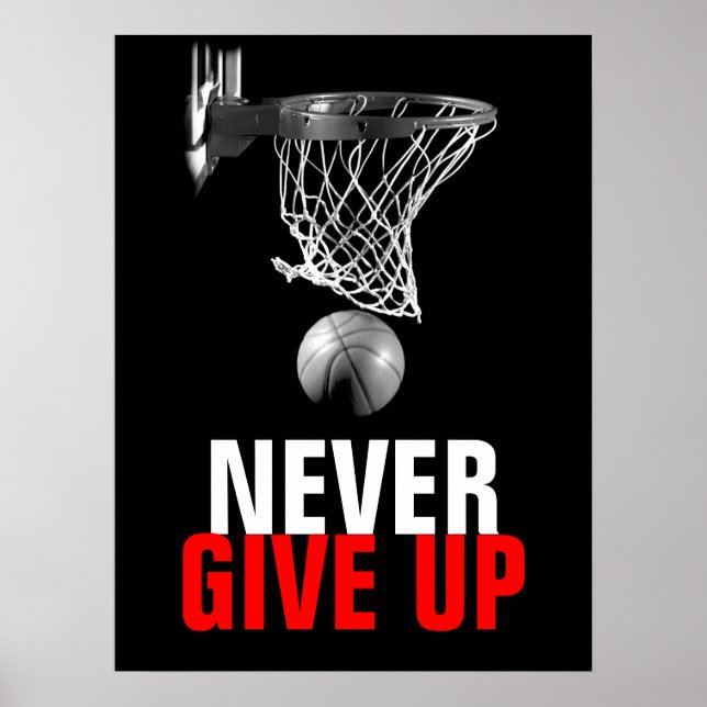 Poster Blanc noir ne jamais renoncer à succès Basket-ball (Devant)