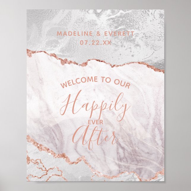 Poster Blanc & Rose Or heureux après l'Affiche de bienven (Devant)