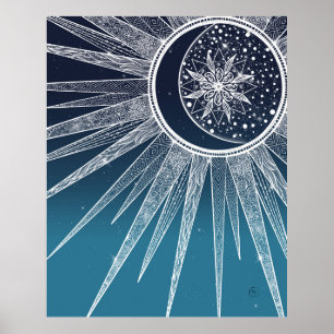 Poster Blanc Sun Moon Mandala Blue Gradient Design