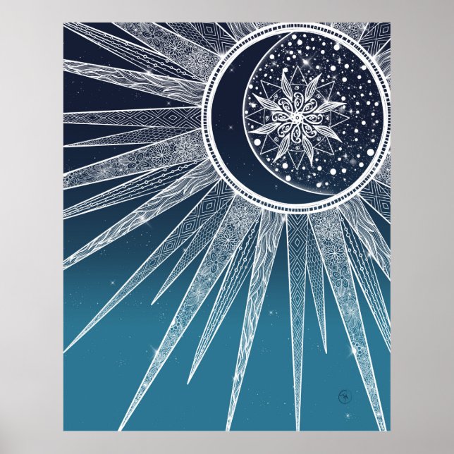 Poster Blanc Sun Moon Mandala Blue Gradient Design (Devant)