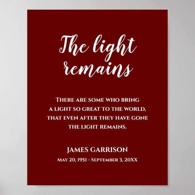 Poster Blanc Sur Rouge La Lumière Reste Citation Memorial (Devant)