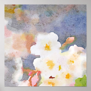 Poster Blancs cerisier fleuris Digital Aquarelle Peinture