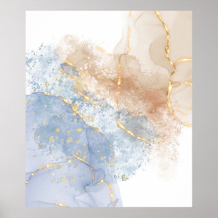 Poster Bleu Abstrait, Taupe et Or