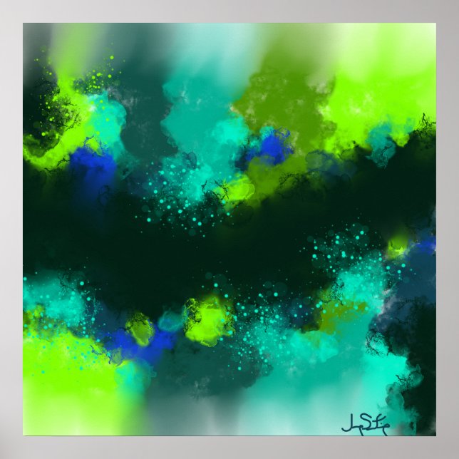 Poster Bleu Abstrait Vert contemporain Art moderne Imprim (Devant)