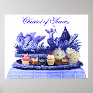 POSTER BLEU ANTIQUE CHARIOT DE CYGNES ET CUPCAKES