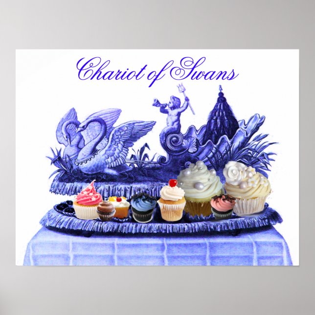 POSTER BLEU ANTIQUE CHARIOT DE CYGNES ET CUPCAKES (Devant)