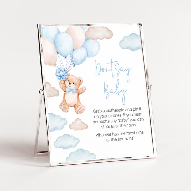 Poster Bleu Bear Baby shower de ballon ne pas dire bébé (Blue Baby Bear Balloon Baby Shower Don't Say Baby Sign)