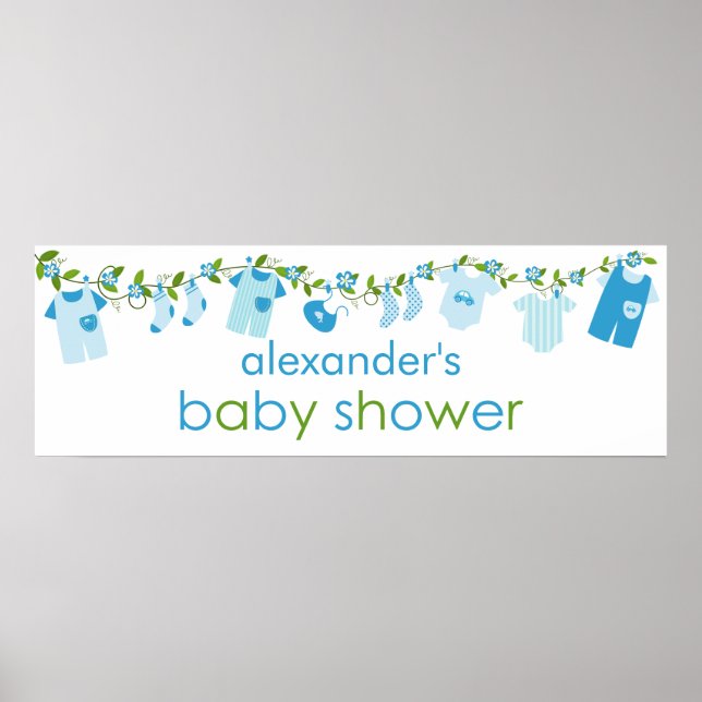 Poster Bleu Bébé Clothesline Baby shower Bannière (Devant)