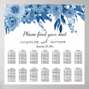 Poster Bleu blanc Aquarelle Floral Mariage Carte de siège