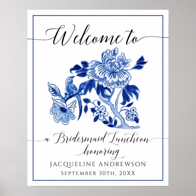 Poster Bleu Blanc Chinoiserie Floral Bienvenue Déjeuner (Devant)