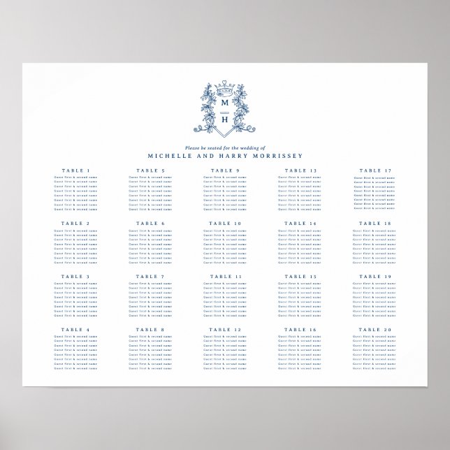 Poster Bleu blanc couronne mariage 20 table (Devant)