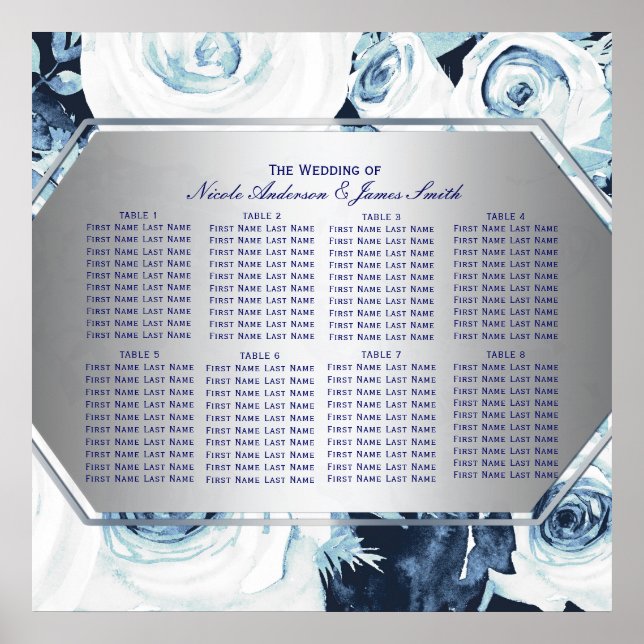 Poster Bleu Blanc Floral Hiver Mariage Carte de siège (Devant)