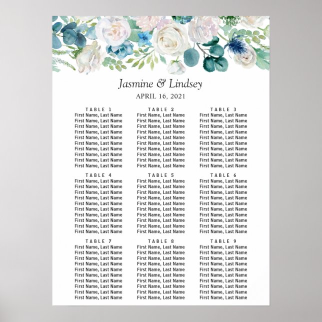 Poster Bleu Blanc Vert Floral Mariage Carte de siège (Devant)