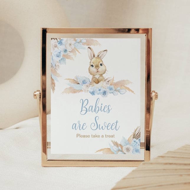 Poster Bleu Boho Bunny Baby shower Les bébés sont doux (Pampas Grass Boy Bunny Baby Shower Babies are Sweet Sign)