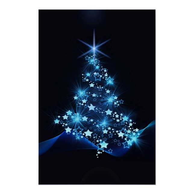 Poster Bleu brillant des étoiles sur l'arbre de Noël fonc (Devant)