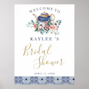 Poster Bleu carreaux fleuris teapot nuptiale Douche bienv