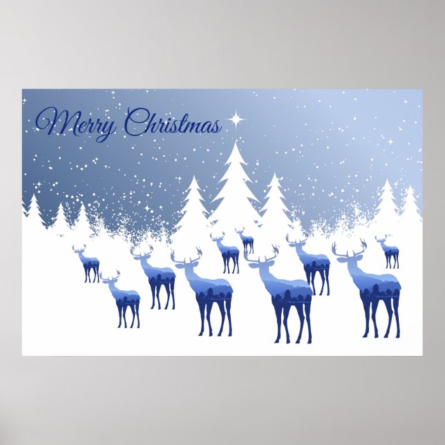 Poster Bleu Cerf hiver Scène-Joyeux Noël (Devant)
