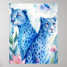 Bleu Cheetahs Art Print, Décor Mur Aquarelle