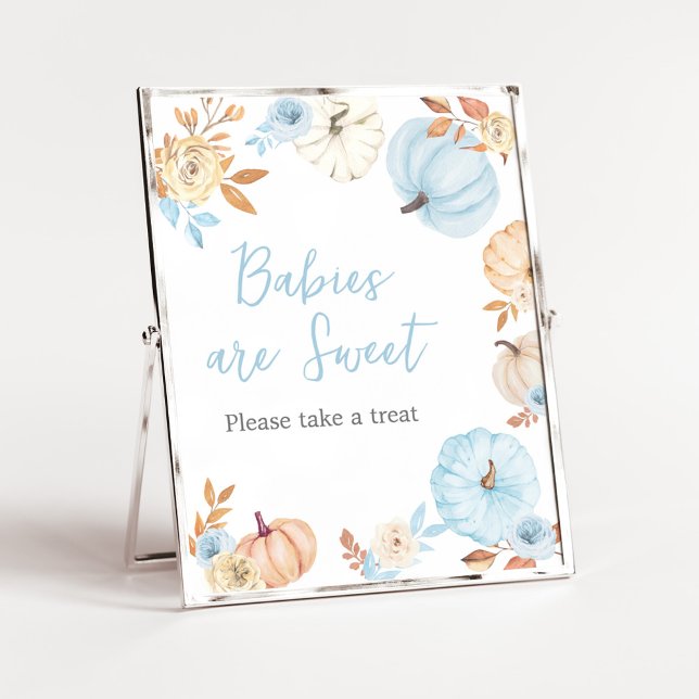 Poster Bleu Citrouille Baby shower bébé sont doux signe (Blue Pumpkin Fall Babies are Sweet Sign)