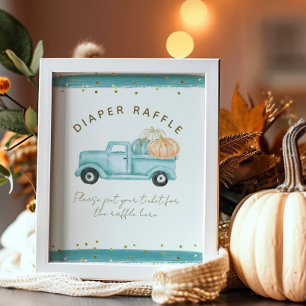 Poster Bleu Citrouille Camion Baby shower d'automne moder