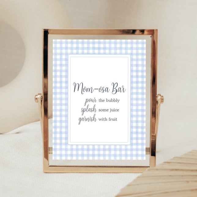 Poster Bleu classique En vichy Maman Osa Bar (Boy Gingham Baby Shower Mom Osa Bar Sign)