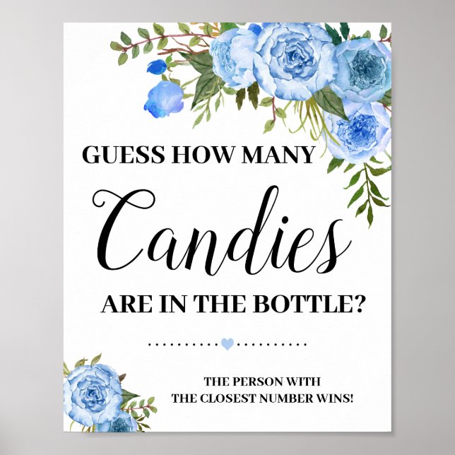 Poster Bleu Combien de Candies signe de jeu Baby shower (Devant)