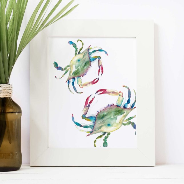 Poster Bleu côtier Plage de crabe bleu Maison aquarelle (Unique crab wall art features watercolor blue crabs by Victoria Grigaliunas of Do Tell A Belle)