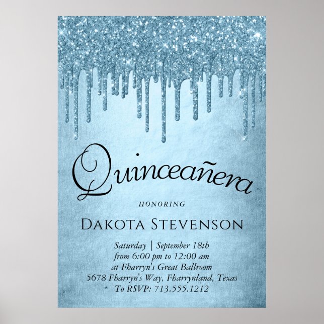 Poster Bleu de glace métallique | Glitzy Glam Quinceanera (Devant)