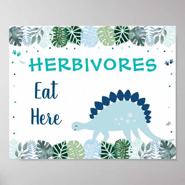 Poster Bleu Dinosaur Safari Herbivores Symbole alimentair (Devant)
