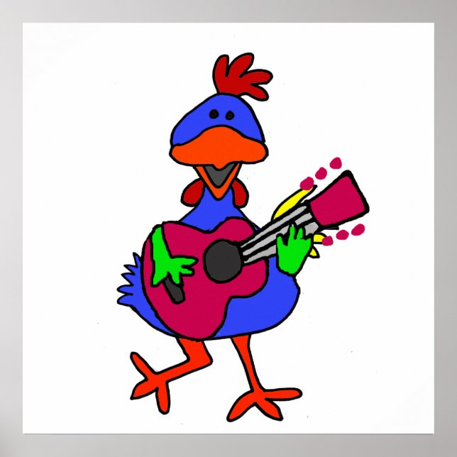 Poster Bleu Drôle Poulet Jouer Guitare Violette (Devant)