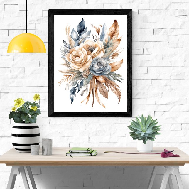 Poster Bleu Duché Beige Neutre Couleurs Floral Boho (Boho Dusty Blue Beige Floral Botanical Feathers Watercolor Wall Art poster print)
