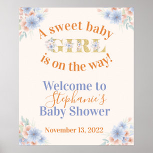 Poster Bleu Dusty et Pêcher Floral Girls Baby shower