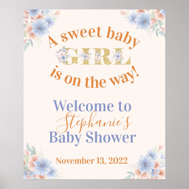Poster Bleu Dusty et Pêcher Floral Girls Baby shower (Devant)