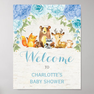 Poster Bleu Dusty Floral Forêt Animaux Bébé Garçon