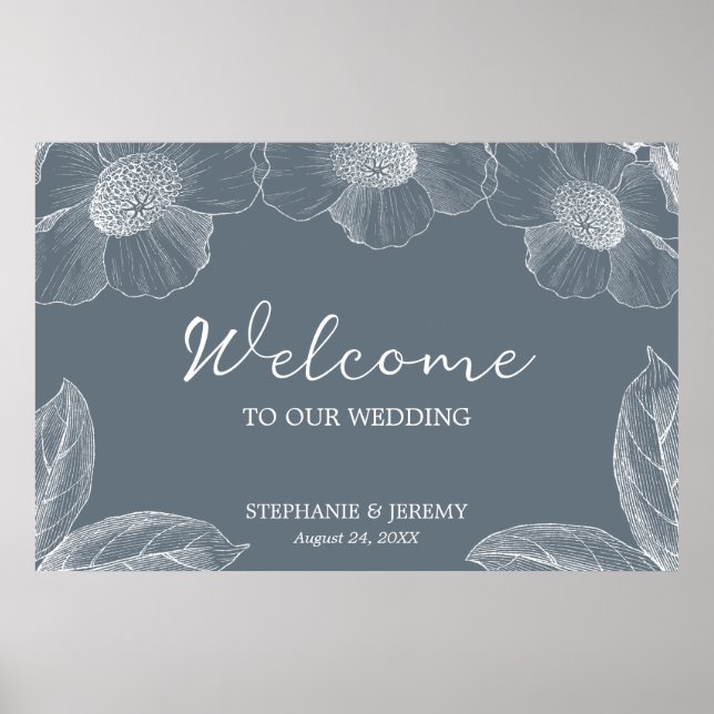 Poster Bleu et blanc Dusty Floral Line Art (Devant)