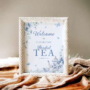 Poster Bleu et blanc Floral Bienvenue Thé nuptial