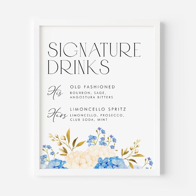 Poster Bleu et blanc Hydrangeas Mariage Signature Boisson (Créateur téléchargé)