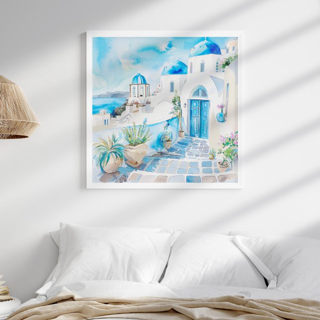 Poster Bleu et blanc Méditerranée Santorin Voyage Art (Blue and White Mediterranean Beach Travel Wall Art in a boho coastal bedroom in a white frame.)