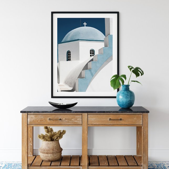 Poster Bleu et blanc Voyage Santorin Oia Church (Créateur téléchargé)