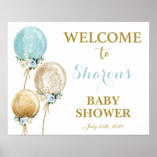 Poster Bleu et or ballon baby shower garçon signe d'accue (Devant)